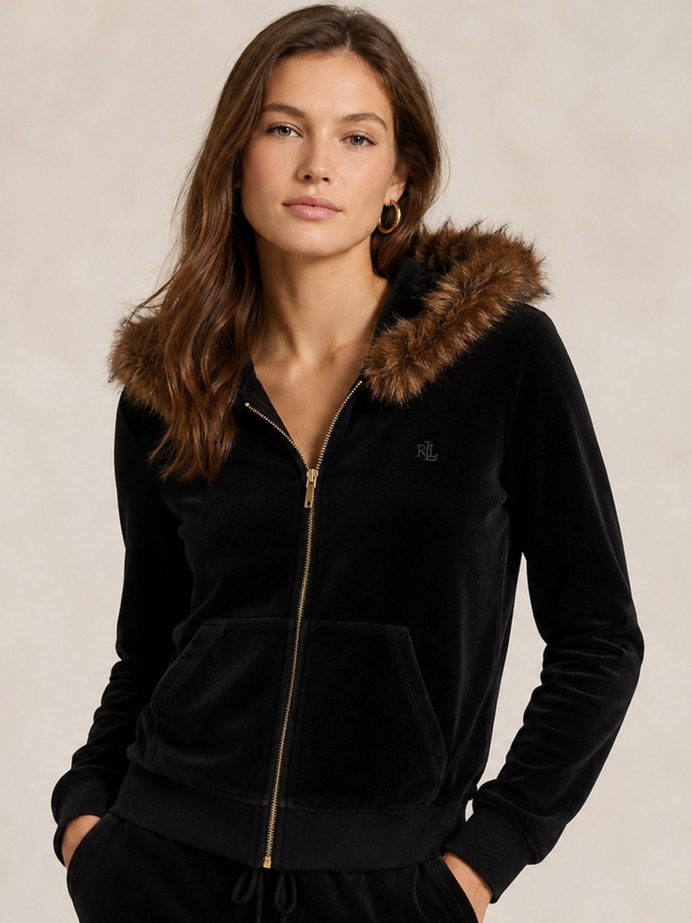Lauren Ralph Lauren Black Velour Detachable Faux Fur Hooded Jacket Women’s XL